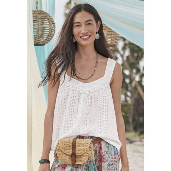 Sundance Tops - Sundance Sugar Sand White Eyelet PomPom Tank Sz M